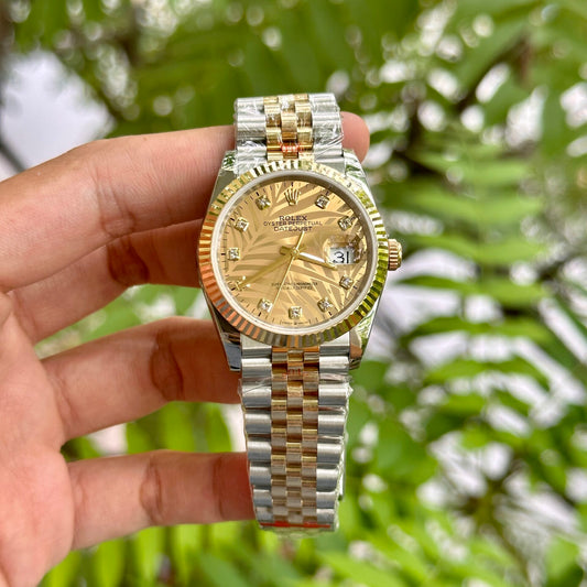 Rolex DateJust 18K Gold Wrapped Replica Watch Palm Leaf Dial GM 36mm Clone