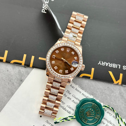 Rolex DateJust Gold Wrapped Moissanite Replica Watch With Chocolate Dial 31mm Clone