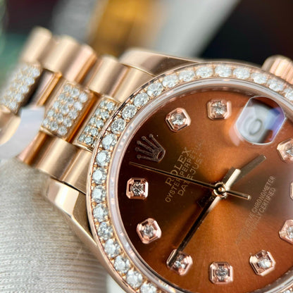 Rolex DateJust Gold Wrapped Moissanite Replica Watch With Chocolate Dial 31mm Clone