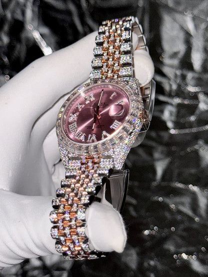 Rolex Replica Watch DateJust With Full Moissanite Diamond Pink Dial 41mm Clone