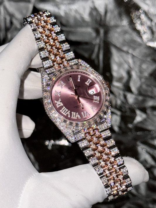 Rolex Replica Watch DateJust With Full Moissanite Diamond Pink Dial 41mm Clone