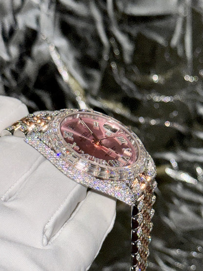 Rolex Replica Watch DateJust With Full Moissanite Diamond Pink Dial 41mm Clone