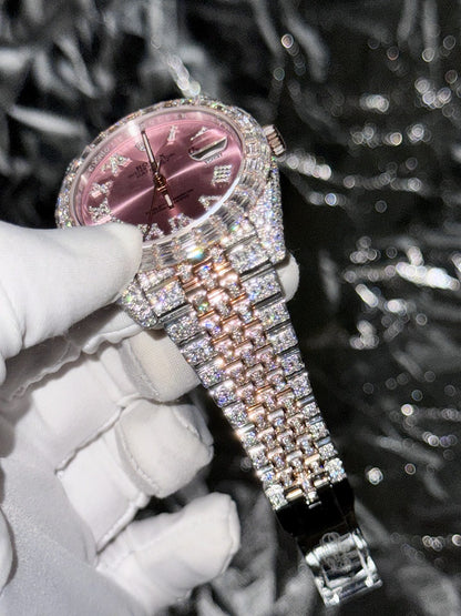 Rolex Replica Watch DateJust With Full Moissanite Diamond Pink Dial 41mm Clone