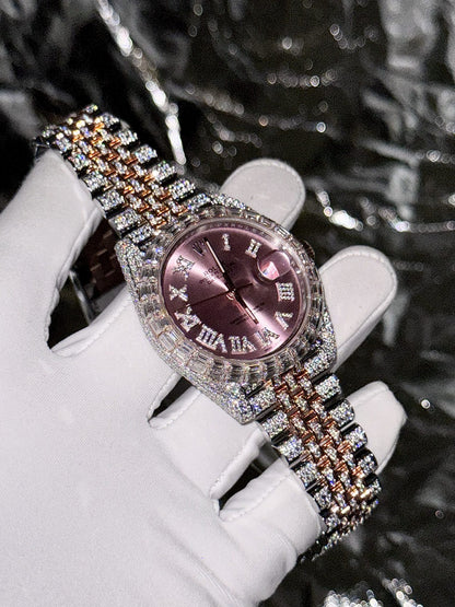 Rolex Replica Watch DateJust With Full Moissanite Diamond Pink Dial 41mm Clone