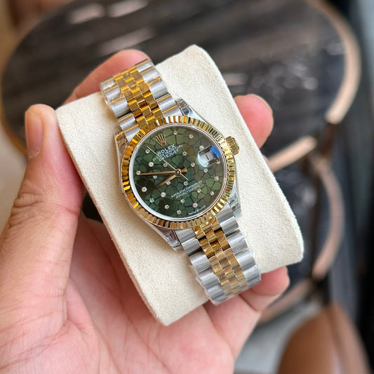 Rolex DateJust Replica Watch Demi Gold Green Leaf Dial 31mm Clone