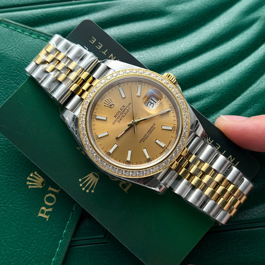 Rolex DateJust Replica Watch Demi Gold Diamonds Bezel EW Factory 36mm