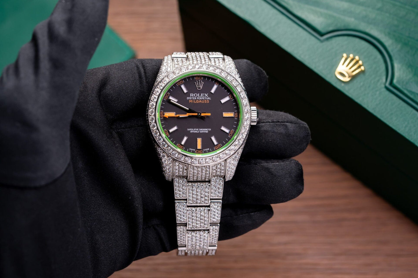 Rolex Milgauss Replica Watch Blue Dial Full Diamond Moissanite 41mm Clone