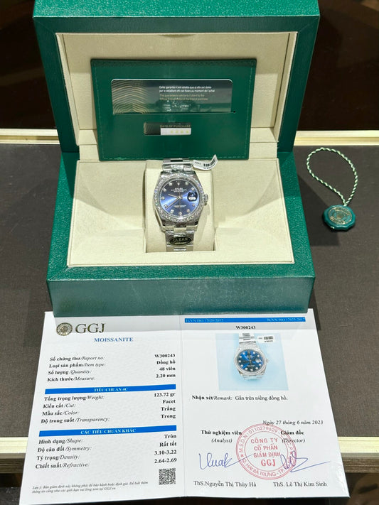 Rolex DateJust Replica Watch With Moissanite Diamond Blue Dial Clean Factory 41mm