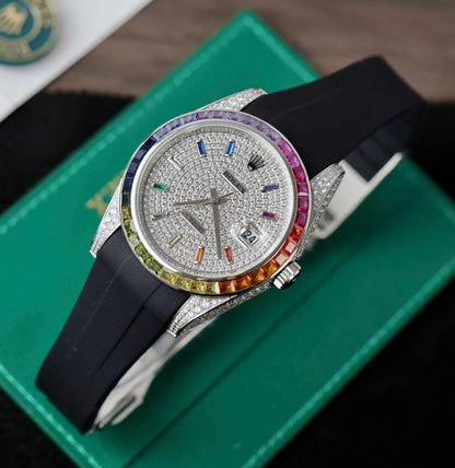 Rolex DateJust Rainbow Watch Rubber Strap 41mm Clone