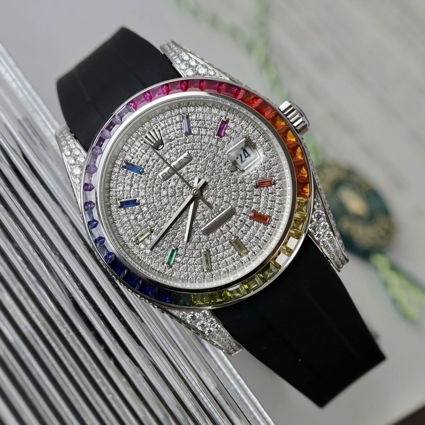 Rolex DateJust Rainbow Watch Rubber Strap 41mm Clone