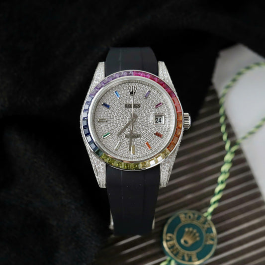 Rolex DateJust Rainbow Watch Rubber Strap 41mm Clone