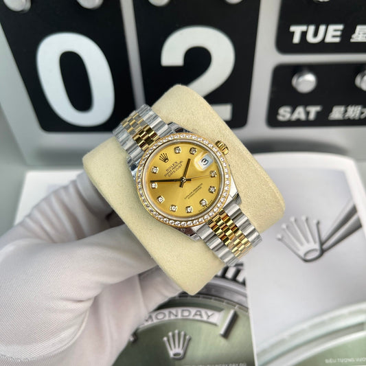 Rolex DateJust Women’s Replica Watch With Stone Bezel Champagne Dial EW Factory 31mm
