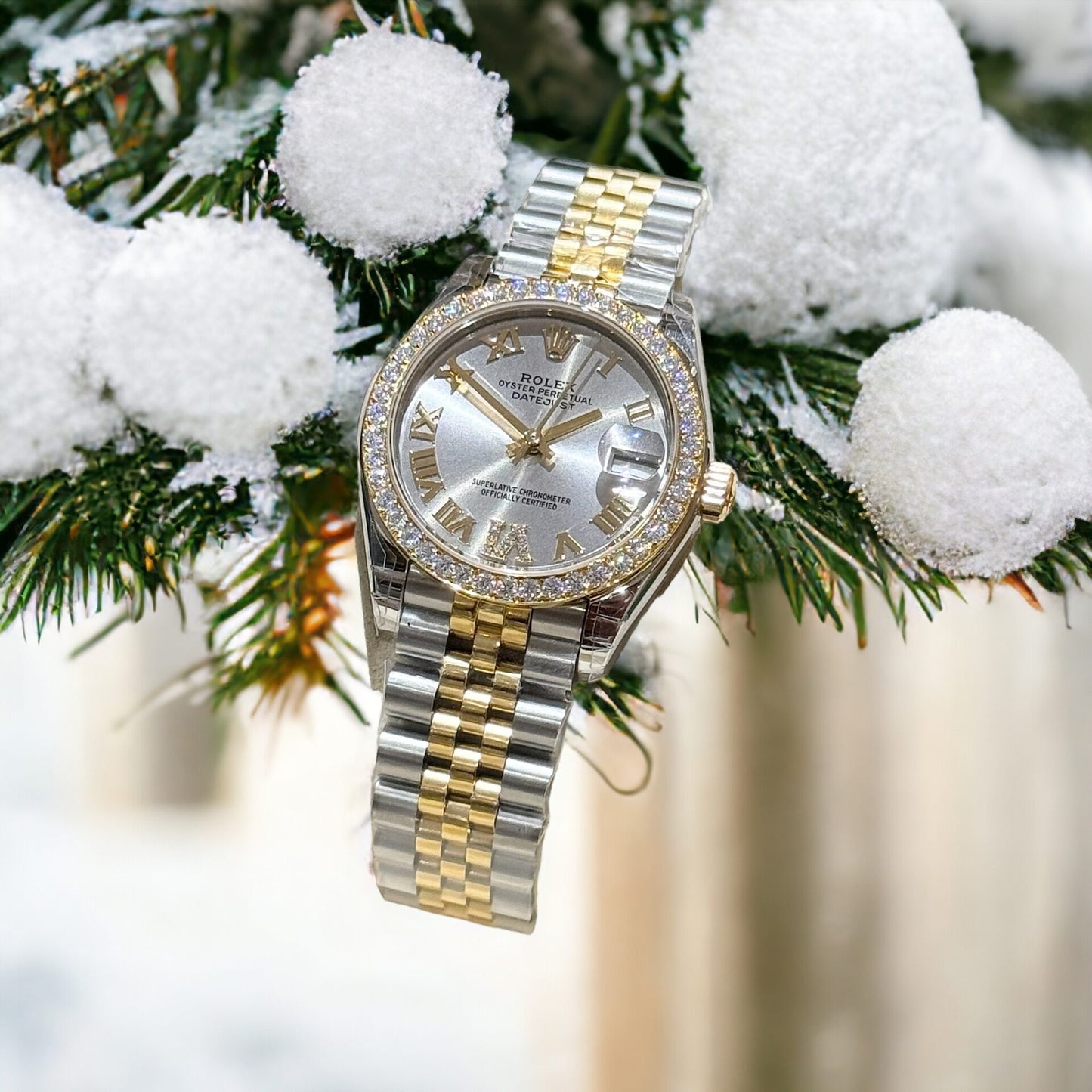 Rolex DateJust Replica Watch With Moissanite Diamonds Demi Gold 31mm Clone