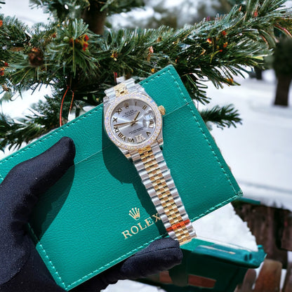 Rolex DateJust Replica Watch With Moissanite Diamonds Demi Gold 31mm Clone