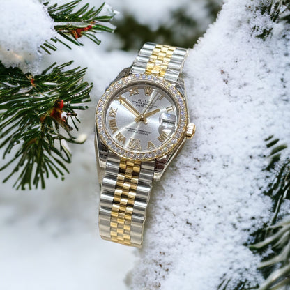 Rolex DateJust Replica Watch With Moissanite Diamonds Demi Gold 31mm Clone
