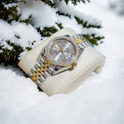 Rolex DateJust Replica Watch With Moissanite Diamonds Demi Gold 31mm Clone