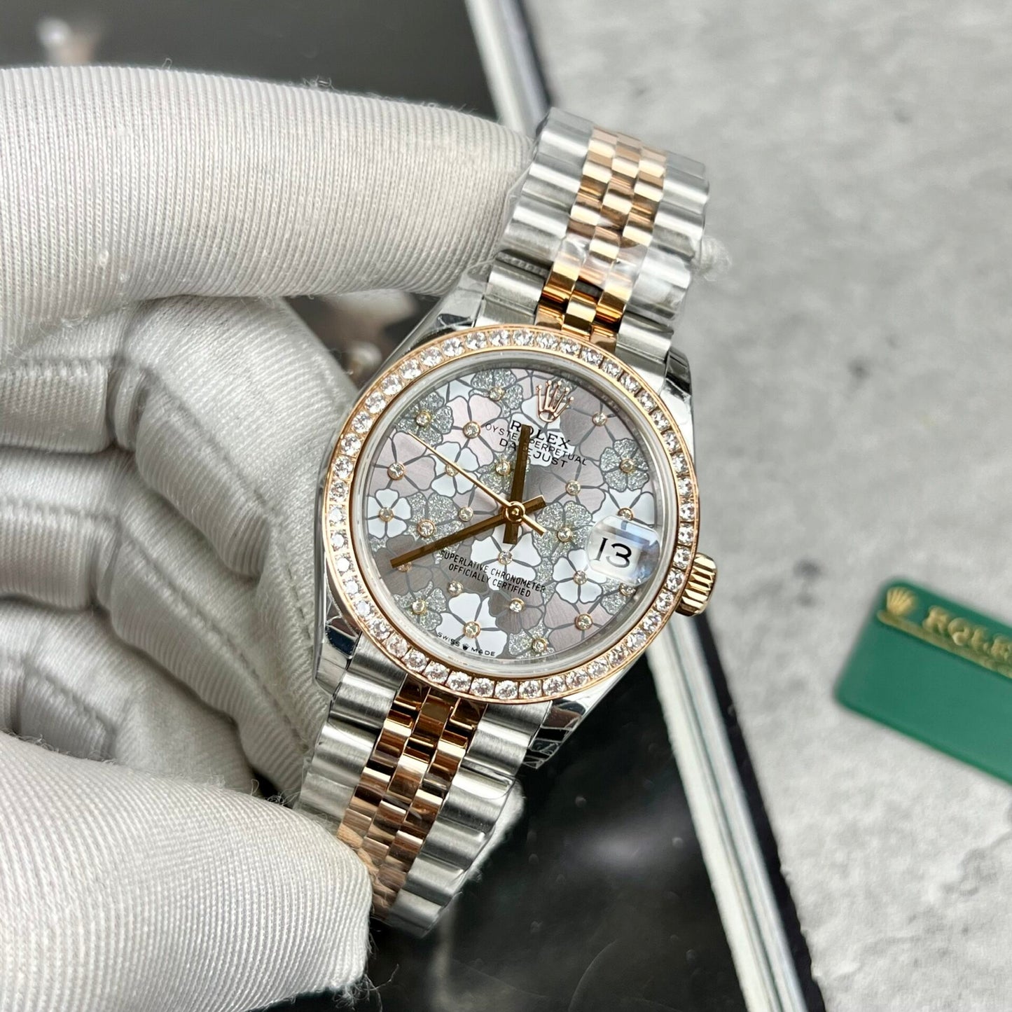 Rolex DateJust Replica Watch Flower Dial With Diamond Bezel 31mm Clone