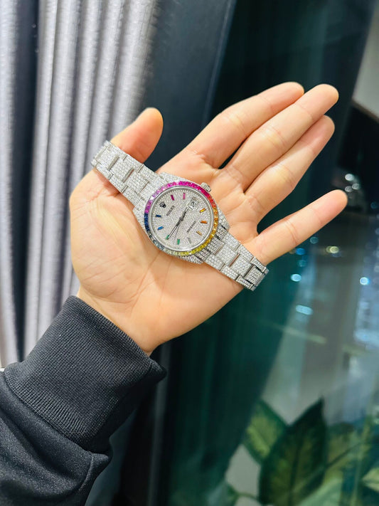 Rolex DateJust Rainbow Replica Watch Custom Moissanite Diamonds 41mm Clone