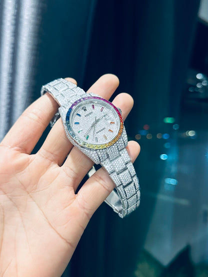 Rolex DateJust Rainbow Replica Watch Custom Moissanite Diamonds 41mm Clone