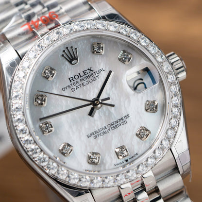 Rolex DateJust Replica Watch Mother Of Pearl Dial With Moissanite Bezel 31mm Clone