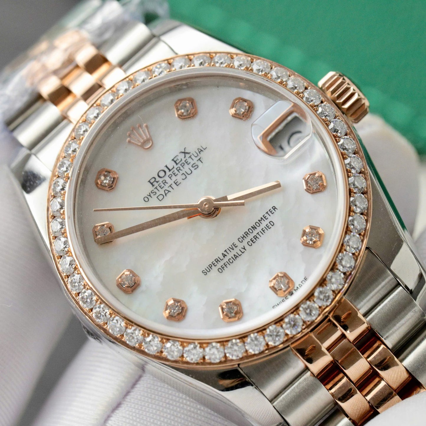 Rolex DateJust Replica 11 Watch Dial Mother Of Pearl Custom Moissanite Diamonds Clean Factory 31mm