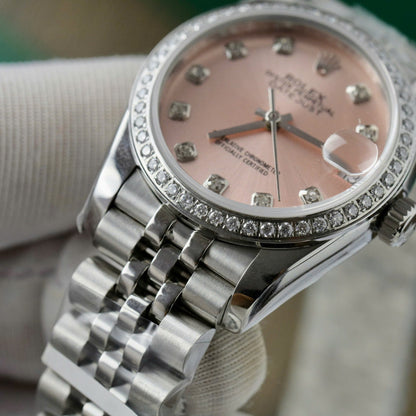 Rolex DateJust Replica Watch Womens Pink Dial Custom Moissanite Diamonds 31mm Clone