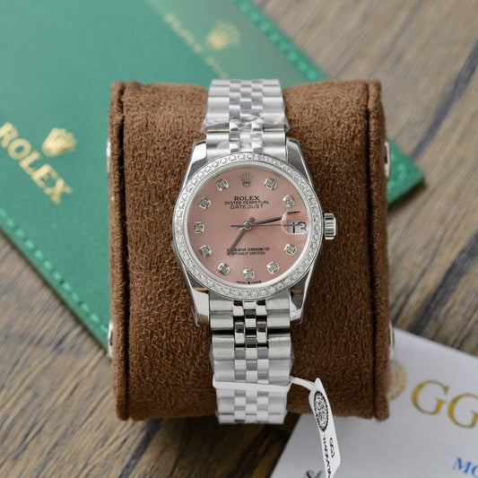 Rolex DateJust Replica Watch Womens Pink Dial Custom Moissanite Diamonds 31mm Clone