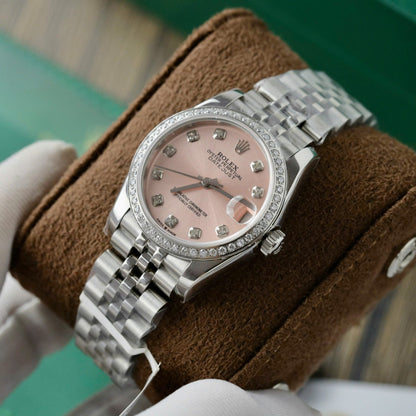 Rolex DateJust Replica Watch Womens Pink Dial Custom Moissanite Diamonds 31mm Clone
