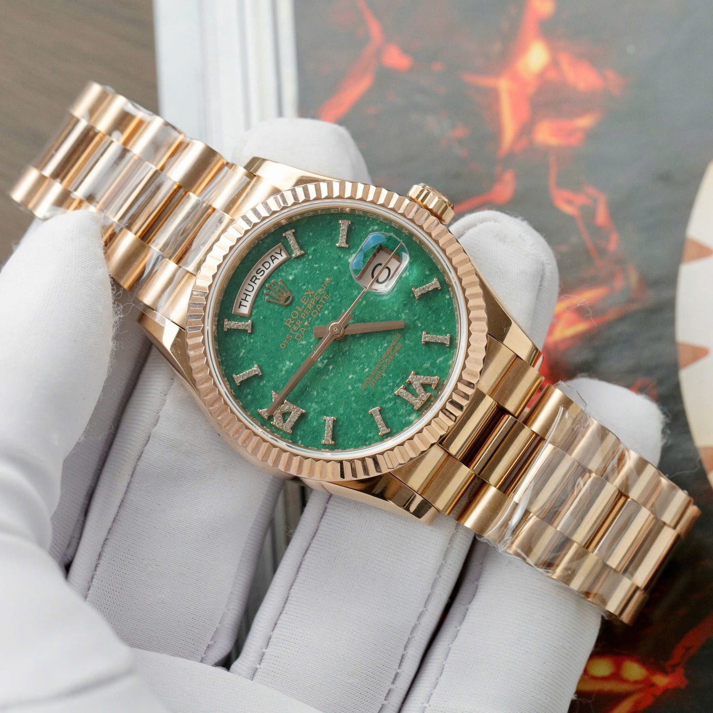 Rolex Day-Date 128235 Dial Aventurine Replica Watch Custom Gold Wrapped 36mm Clone