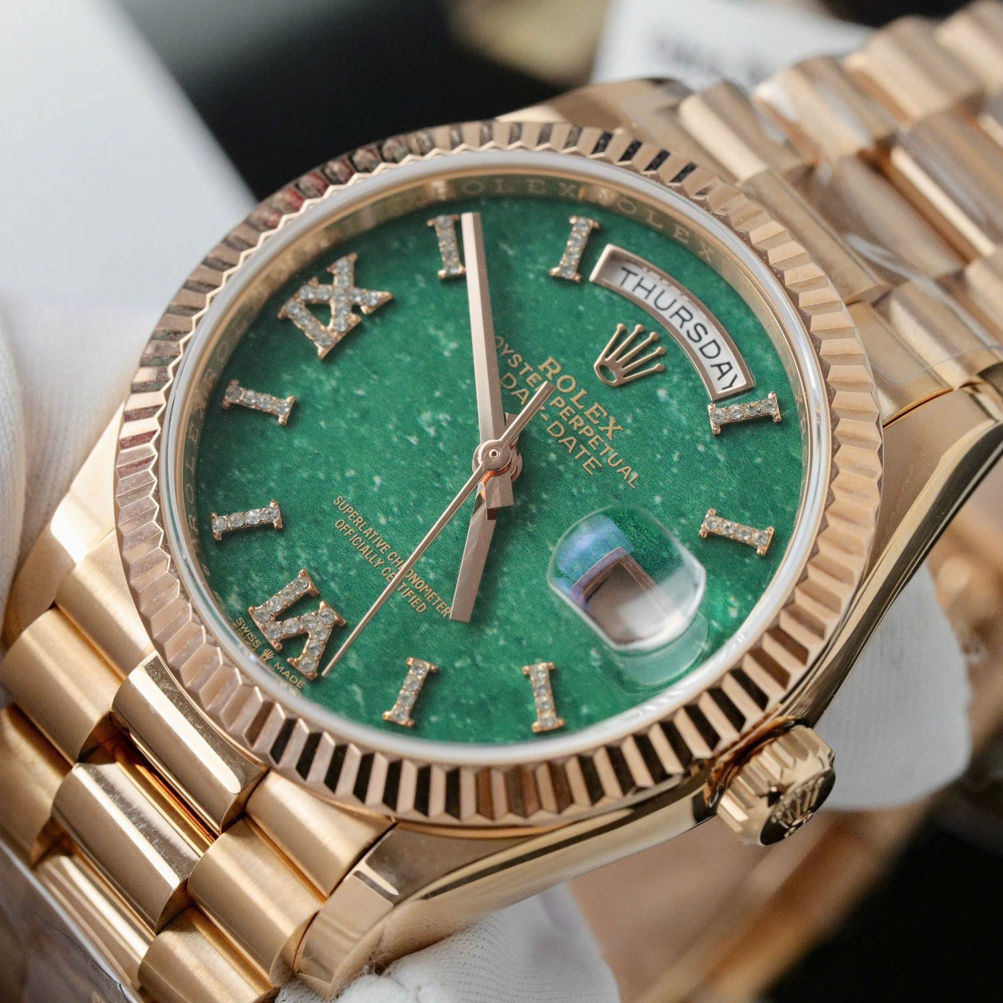 Rolex Day-Date 128235 Dial Aventurine Replica Watch Custom Gold Wrapped 36mm Clone