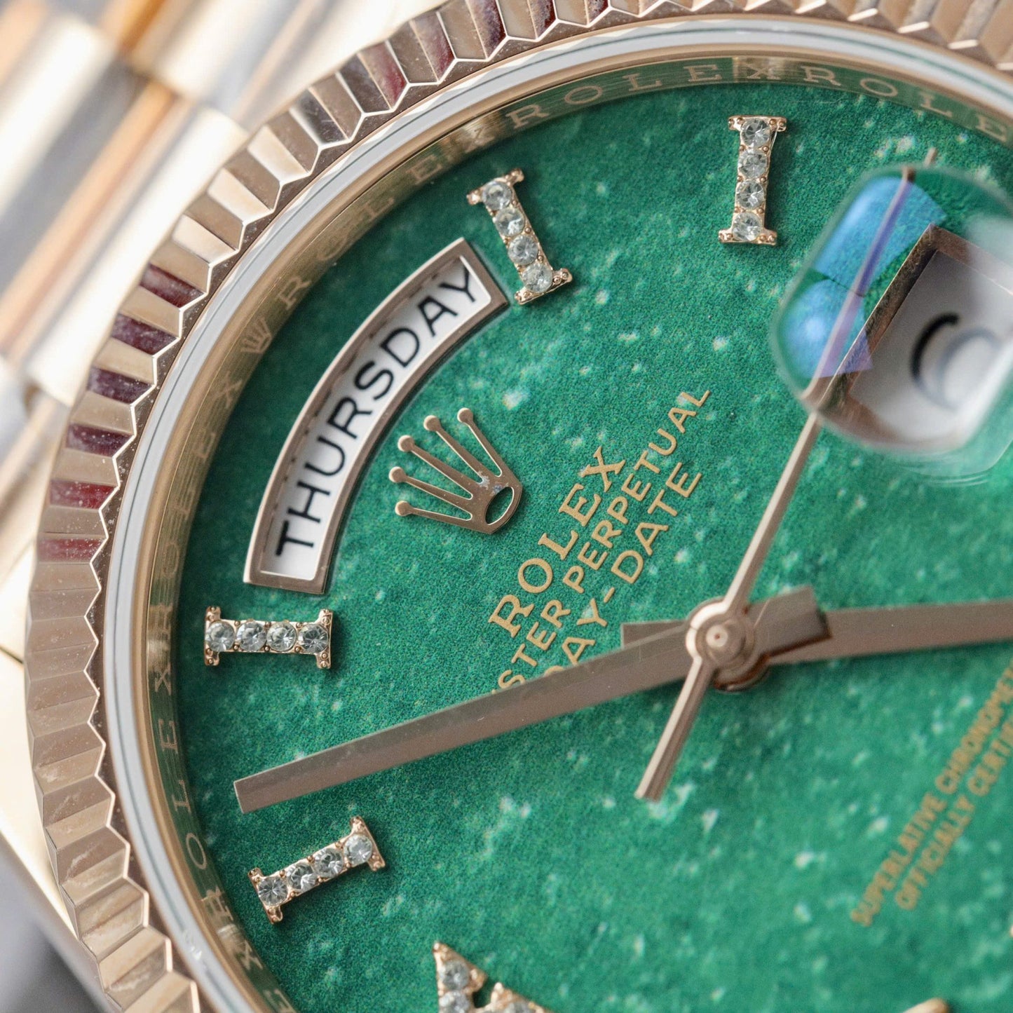 Rolex Day-Date 128235 Dial Aventurine Replica Watch Custom Gold Wrapped 36mm Clone