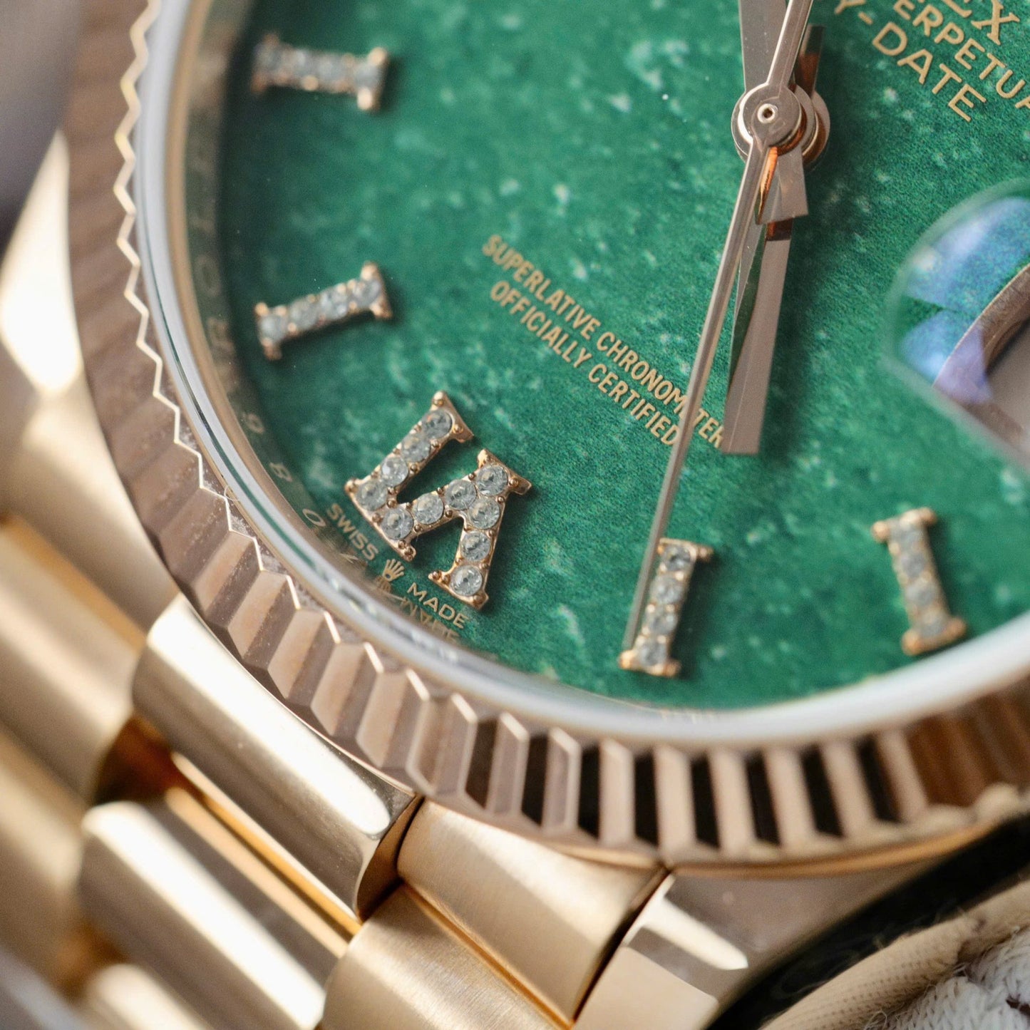 Rolex Day-Date 128235 Dial Aventurine Replica Watch Custom Gold Wrapped 36mm Clone