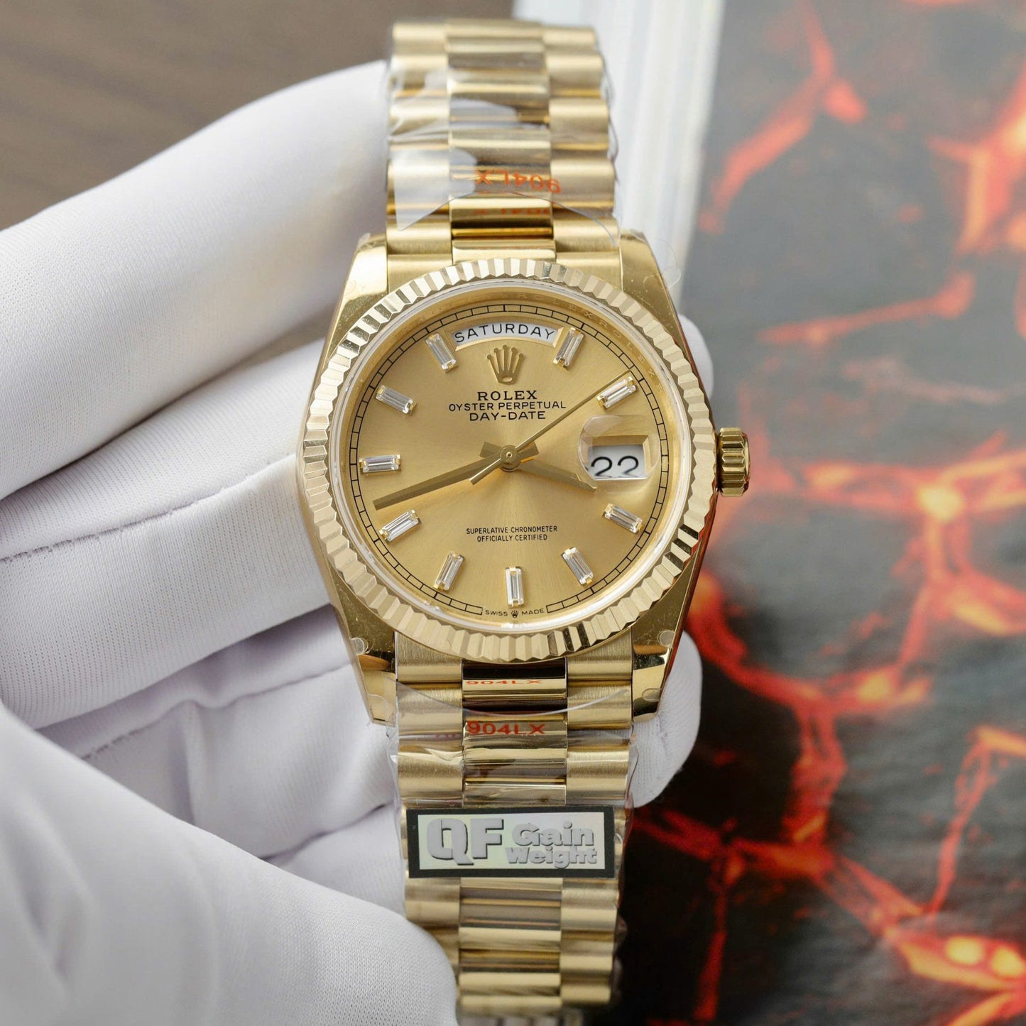Rolex Day-Date 128238 Replica Watch Yellow Dial Weight QF Factory 36mm