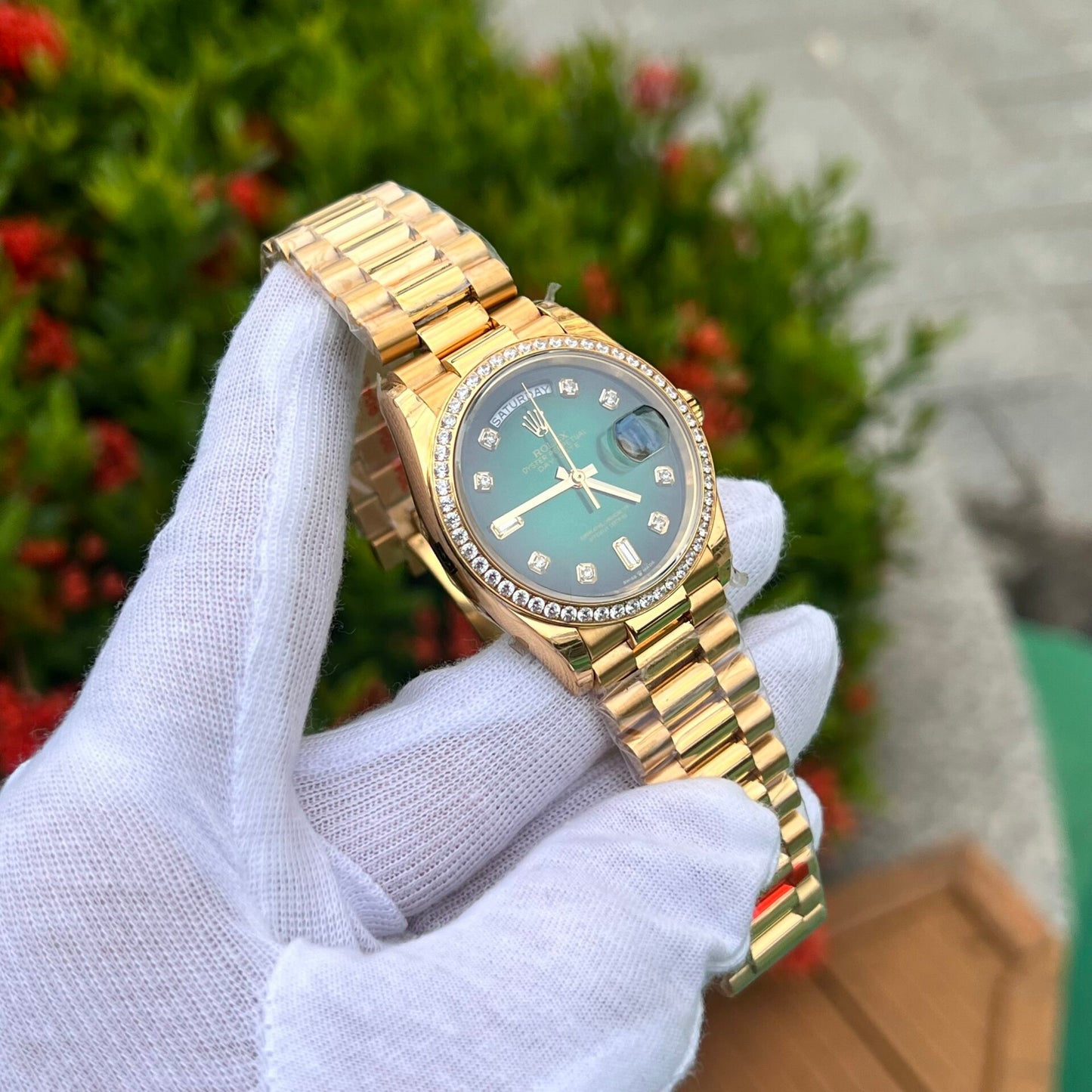 Rolex Day-Date 128348RBR Ombre Green Dial Replica Watch EW Factory 36mm