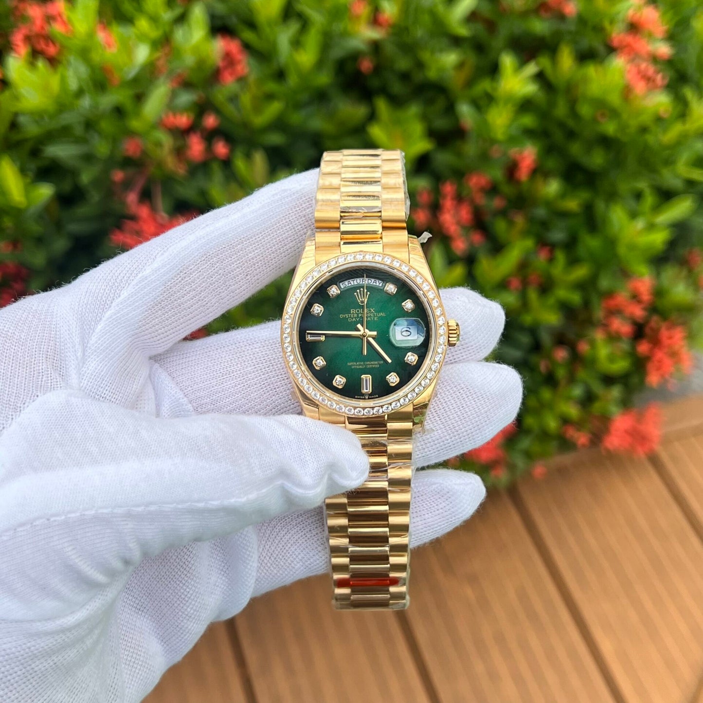Rolex Day-Date 128348RBR Ombre Green Dial Replica Watch EW Factory 36mm