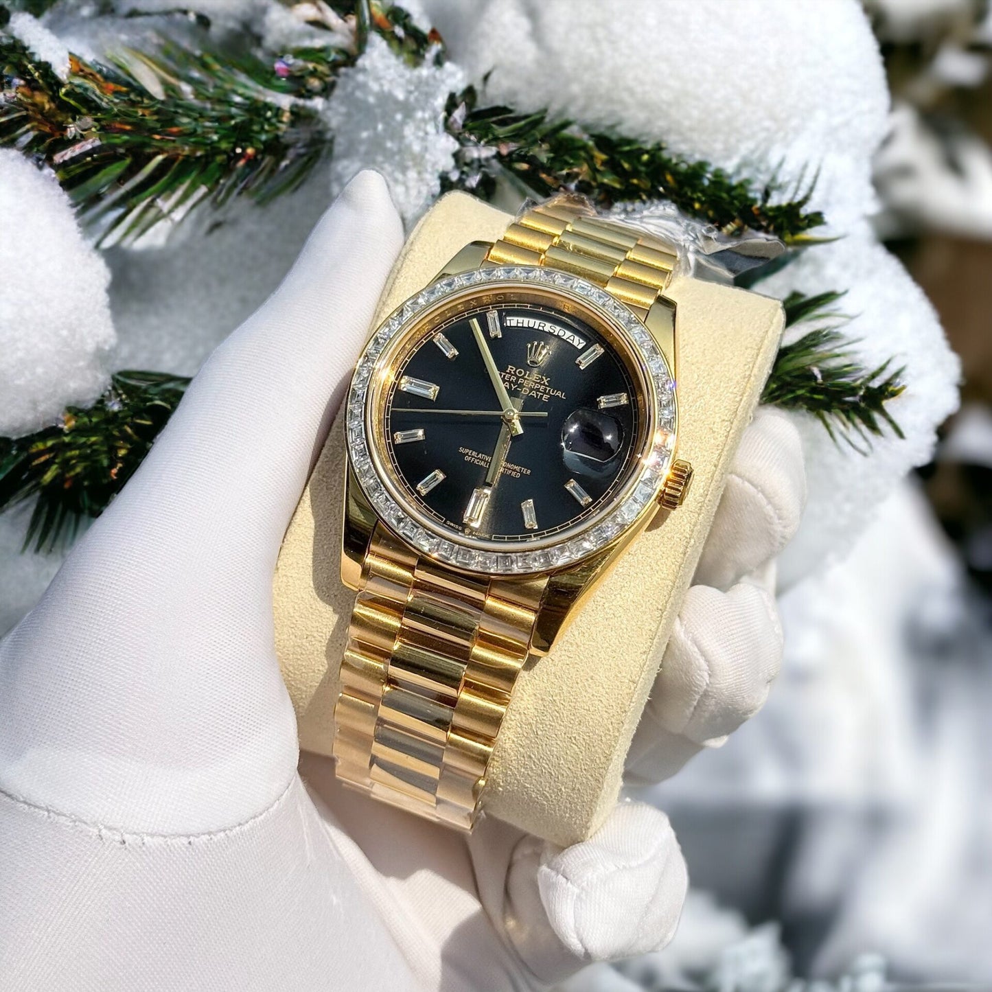Rolex Day-Date 228238 Replica Watch 18K Gold Wrapped Moissanite Bezel GM 40mm
