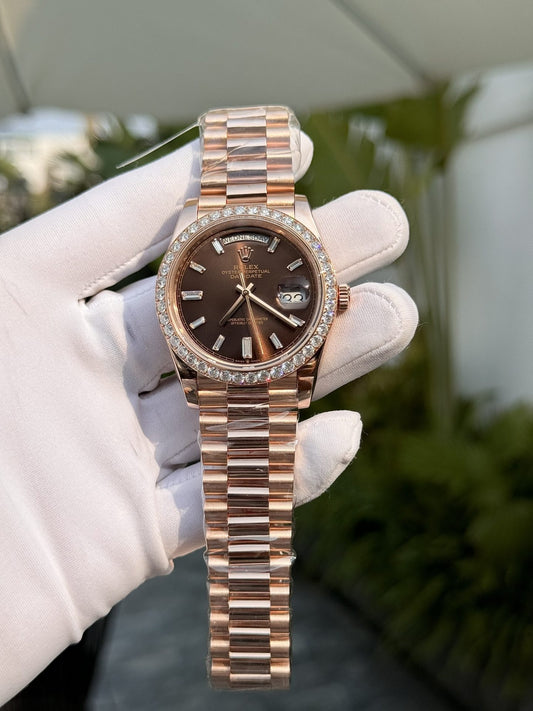 Rolex Replica Watch Day-Date Custom Gold Wrapped Moissanite Diamonds Dial Chocolate GM Factory 40mm