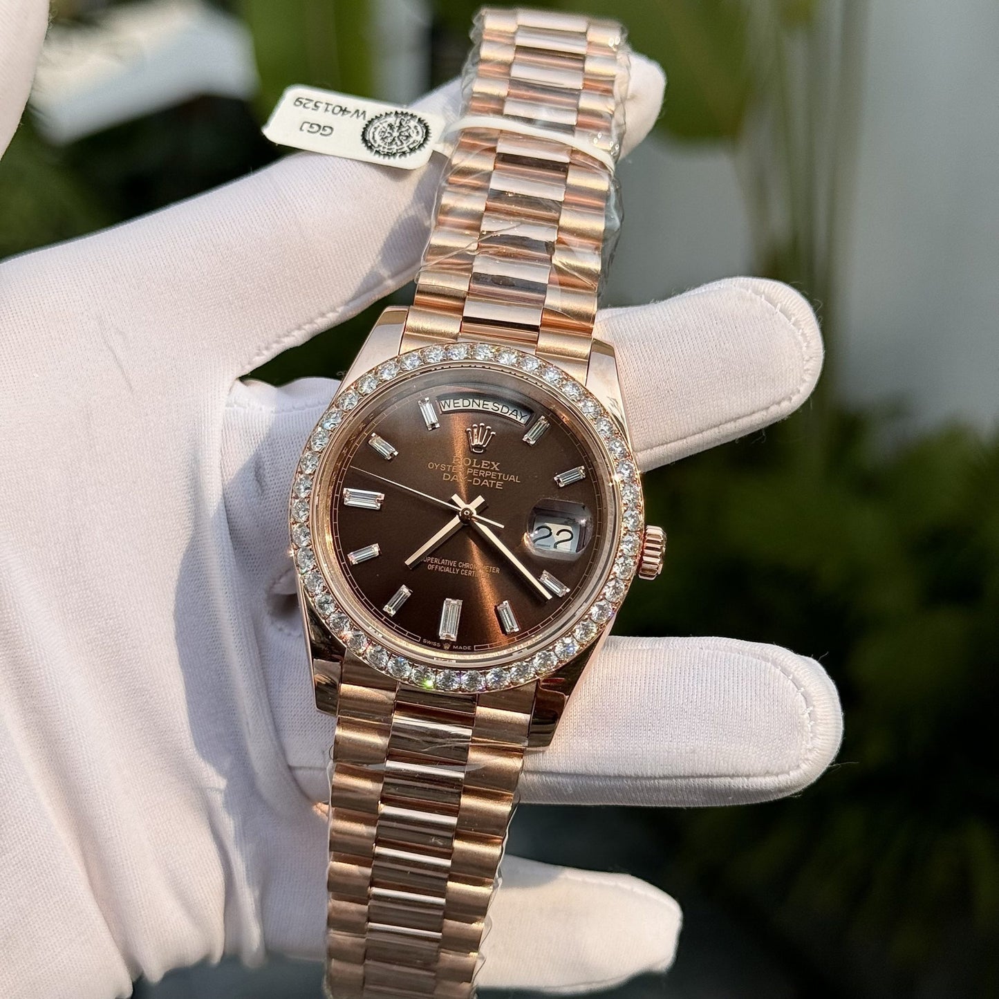 Rolex Replica Watch Day-Date Custom Gold Wrapped Moissanite Diamonds Dial Chocolate GM Factory 40mm