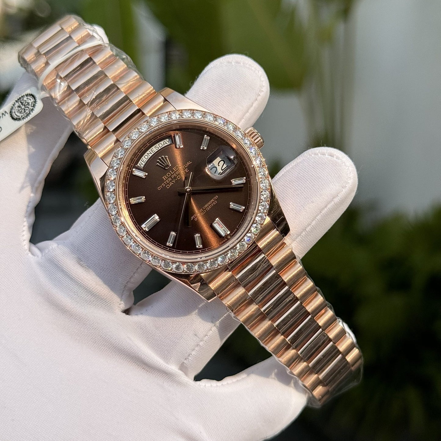 Rolex Replica Watch Day-Date Custom Gold Wrapped Moissanite Diamonds Dial Chocolate GM Factory 40mm