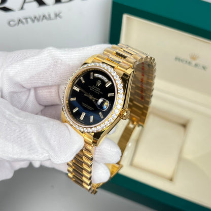 Rolex Day-Date Replica Watch 18K Gold Wrapped Black Dial With Diamond Bezel GM V2 40mm