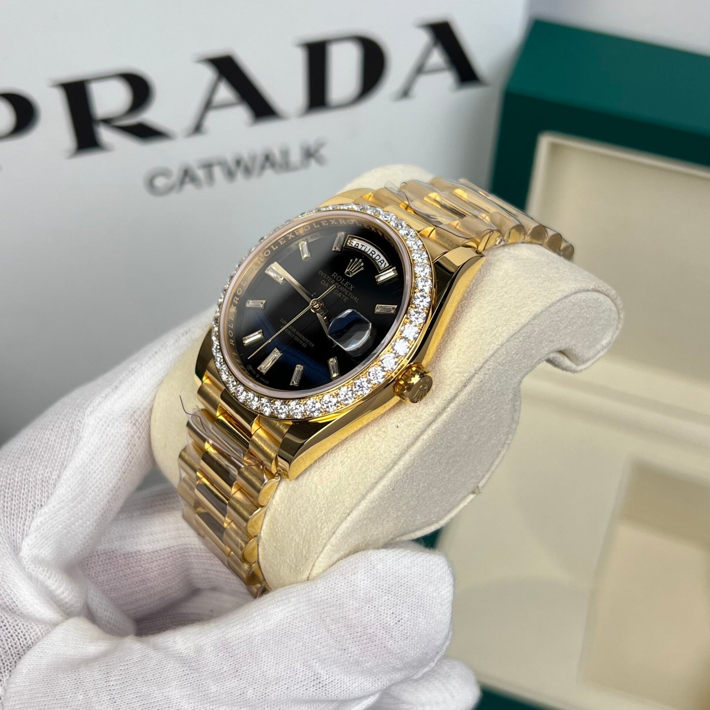Rolex Day-Date Replica Watch 18K Gold Wrapped Black Dial With Diamond Bezel GM V2 40mm