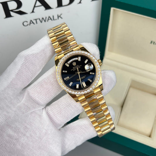Rolex Day-Date Replica Watch 18K Gold Wrapped Black Dial With Diamond Bezel GM V2 40mm