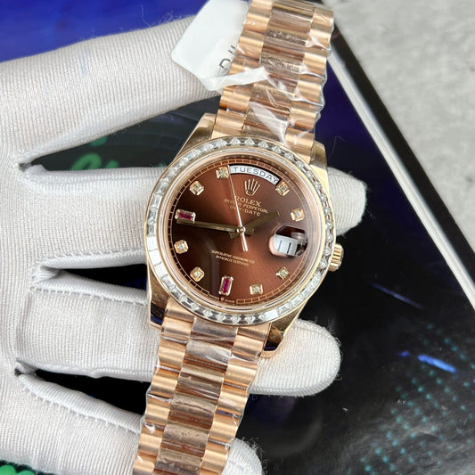 Rolex Day-Date Gold Wrapped Replica Watch With Moissanite Ruby Red Diamond 40mm Clone