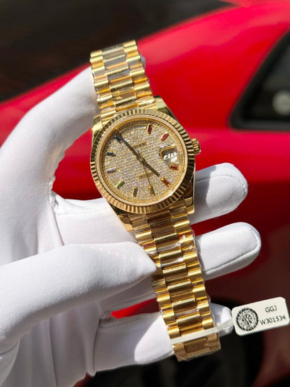 Rolex Day-Date Solid Gold Wrapped Replica Watch With Moissanite 40mm Clone