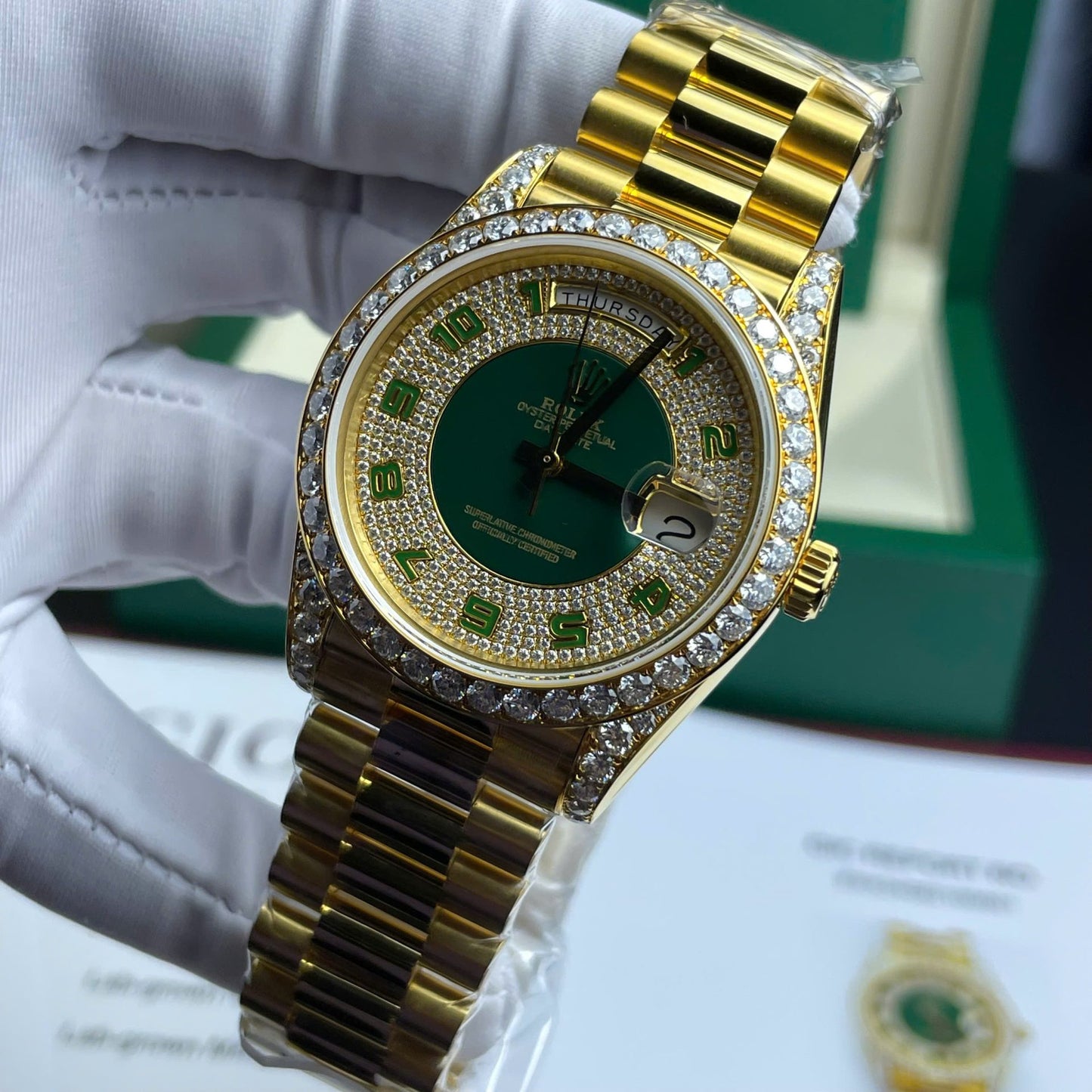Rolex Day-Date Replica Watch Gold Wrapped + Moissanite Diamonds 40mm Clone