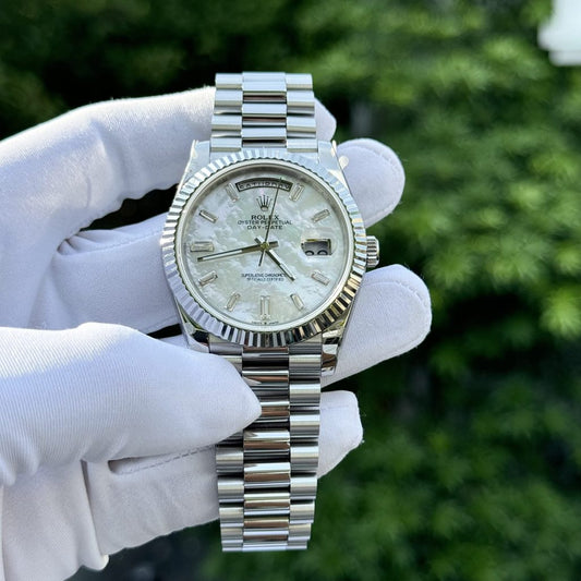 Rolex Day-Date Replica Watch Custom Mother Of Pearl & Moissanite Diamonds Baguetee 40mm Clone