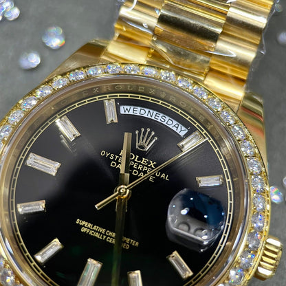 Rolex Day-Date  Watch Black Dial Moissanite Diamonds Custom 40mm Clone