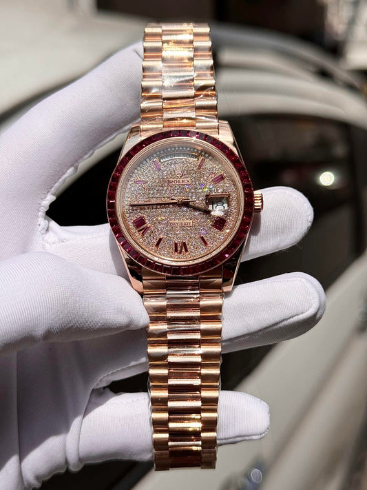Rolex Best Replica Watch Day-Date Custom Ruby Red & Baguette Moissanite Diamonds GM Factory 40mm