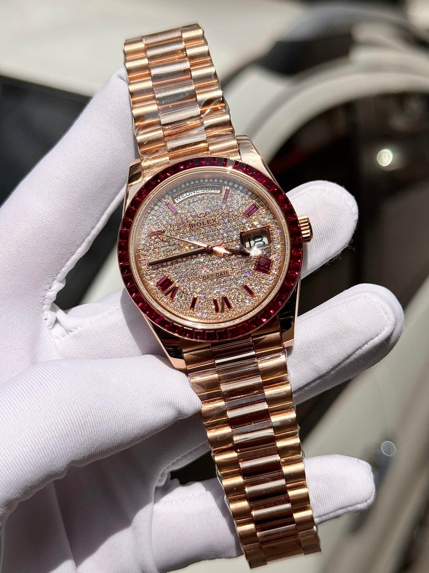 Rolex Best Replica Watch Day-Date Custom Ruby Red & Baguette Moissanite Diamonds GM Factory 40mm