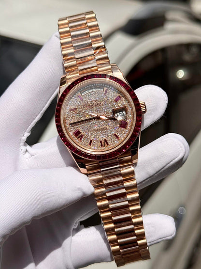 Rolex Best Replica Watch Day-Date Custom Ruby Red & Baguette Moissanite Diamonds GM Factory 40mm